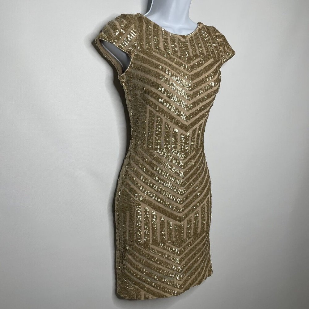 Dress The Population Tabitha Gold Sequin Mesh Art Deco Mini Dress - Picture 3 of 8
